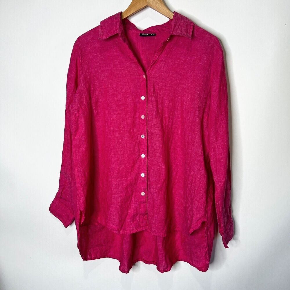 APNY Blouse Linen Button Up Long Sleeve Bright Pink High Low Hem Women Size XL